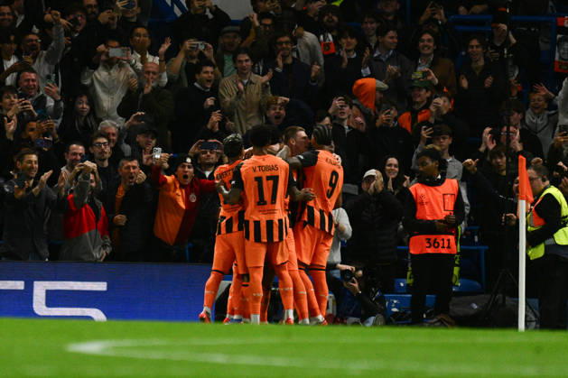 LONDON, ENGLAND - OCTOBER 14: Pedrinho of FC Shakhtar Donetsk celebrates with his team mates after scoring their first goal from the penalty spot during the UEFA Champions League 2026 27 League Phase MD2 match between FC Shakhtar Donetsk and AEK Athens at Stamford Bridge on October 14, 2026 in London, England. (Photo by Yaroslav Dunka Sports Press Photo) Copyright: xYaroslavxDunkax xSPPx Sportspressphoto_SPR255854