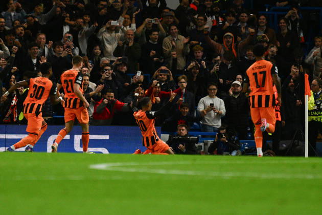 LONDON, ENGLAND - OCTOBER 14: Pedrinho of FC Shakhtar Donetsk celebrates with his team mates after scoring their first goal from the penalty spot during the UEFA Champions League 2026 27 League Phase MD2 match between FC Shakhtar Donetsk and AEK Athens at Stamford Bridge on October 14, 2026 in London, England. (Photo by Yaroslav Dunka Sports Press Photo) Copyright: xYaroslavxDunkax xSPPx Sportspressphoto_SPR255855