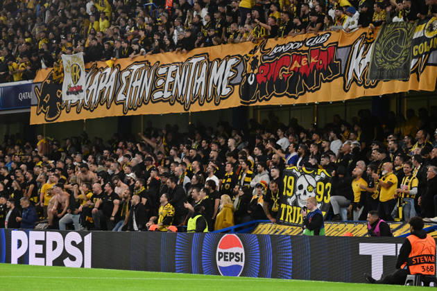 LONDON, ENGLAND - OCTOBER 14: AEK fans during the UEFA Champions League 2026 27 League Phase MD2 match between FC Shakhtar Donetsk and AEK Athens at Stamford Bridge on October 14, 2026 in London, England. (Photo by Yaroslav Dunka Sports Press Photo) Copyright: xYaroslavxDunkax xSPPx Sportspressphoto_SPR255880