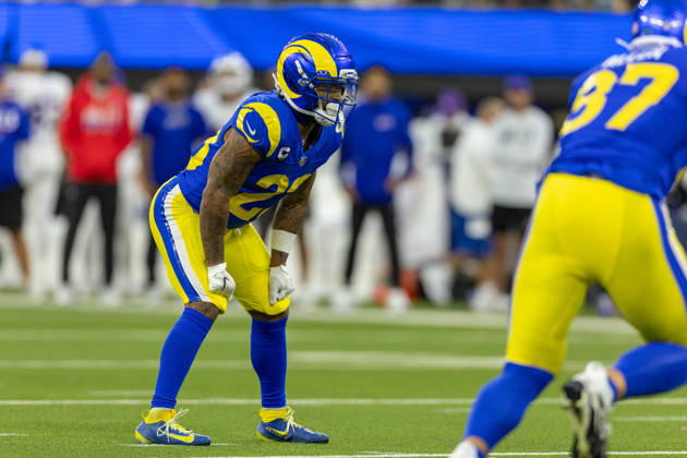 INGLEWOOD, CA - OCTOBER 12: Kyren Williams 23 of the Los Angeles Rams waits in the backfield for the snap during an NFL, American Football Herren, USA game between the Buffalo Bills and the Los Angeles Rams on October 12, 2026, at SoFi Stadium in Inglewood, California. (Photo by Greg Fiore Icon Sportswire) NFL: OCT 12 Bills at Rams EDITORIAL USE ONLY Icon2610121441