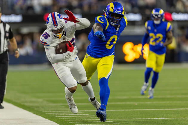 INGLEWOOD, CA - OCTOBER 12: Ty Johnson 26 of the Buffalo Bills carries the ball for first down during an NFL, American Football Herren, USA game between the Buffalo Bills and the Los Angeles Rams on October 12, 2026, at SoFi Stadium in Inglewood, California. (Photo by Greg Fiore Icon Sportswire) NFL: OCT 12 Bills at Rams EDITORIAL USE ONLY Icon2610121897