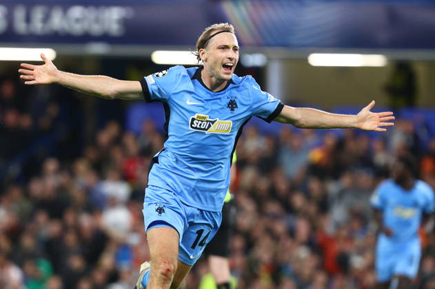 UEFA Champions League - Shakhtar Donetsk vs AEK Athens FC - Lovro Majer of AEK Athens FC celebrates after scoring during the UEFA Champions League phase Matchday 2 soccer match between Shakhtar Donetsk vs AEK Athens FC in Stamford Bridge, London, UK, on 13 October 2026. IMAGO ONE INCH PRODUCTIONS LONDON UK Copyright: xONExINCHxPRODUCTIONSx 7122978