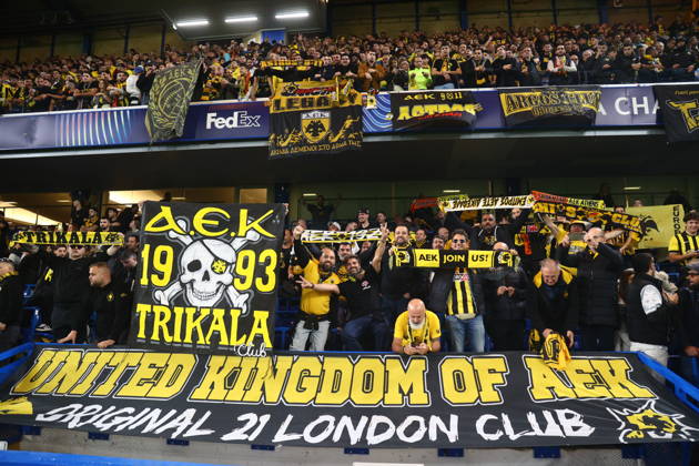 UEFA Champions League - Shakhtar Donetsk vs AEK Athens FC - Fans of AEK Athens FC react during the UEFA Champions League phase Matchday 2 soccer match between Shakhtar Donetsk vs AEK Athens FC in Stamford Bridge, London, UK, on 13 October 2026. IMAGO ONE INCH PRODUCTIONS LONDON UK Copyright: xONExINCHxPRODUCTIONSx 7122897
