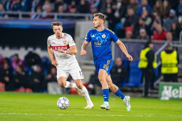 Peter Pokorny with the ball during UEFA Champions league match , SK Slovan Bratislava - VFB Stuttgart , 14. october 2026, Tehelne pole Stadium, Bratislava, Slovakia Copyright: xMICHALxFAJT,ZOSPORTU.SKx MAJ_1253