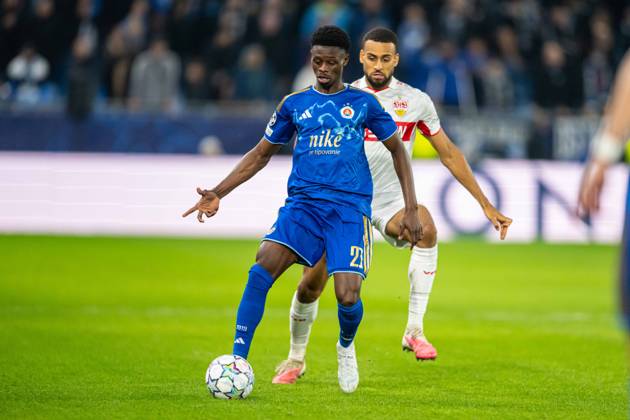 Suleiman Camara with theb all during UEFA Champions league match , SK Slovan Bratislava - VFB Stuttgart , 14. october 2026, Tehelne pole Stadium, Bratislava, Slovakia Copyright: xMICHALxFAJT,ZOSPORTU.SKx MAJ_1256