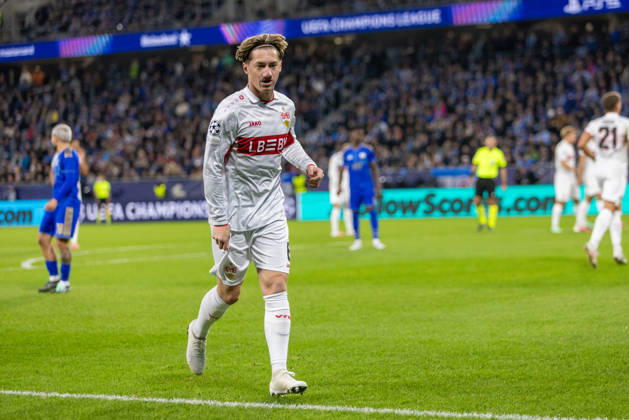 Angelo Stiller of VfB Stuttgart seen during UEFA Champions league League phase game between teams of SK Slovan Bratislava and VfB Stuttgart (Dominika Kortvelyesiova Ball Raw Images) Bratislava Tehelne Pole stadium Slovakia Copyright: xDominikaxKortvelyesiovax DKOR6663