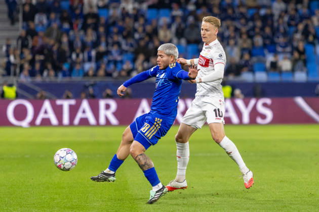 Chris Fuhrich of VfB Stuttgart and Cristian Martinez of SK Slovan Bratislava seen during UEFA Champions league League phase game between teams of SK Slovan Bratislava and VfB Stuttgart (Dominika Kortvelyesiova Ball Raw Images) Bratislava Tehelne Pole stadium Slovakia Copyright: xDominikaxKortvelyesiovax DKOR6676