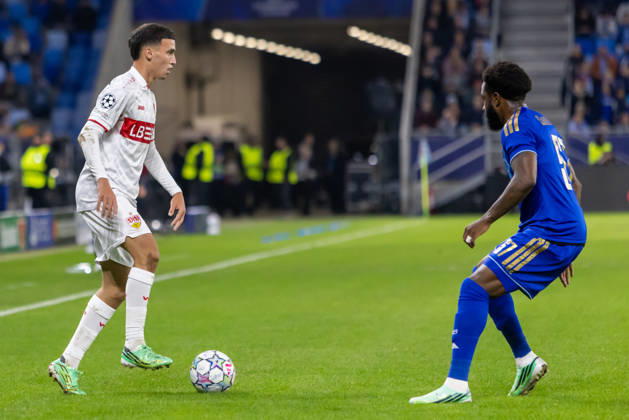 DÅ¾enan PejÄinovic of VfB Stuttgart and Sandro Cruz of SK Slovan Bratislava seen during UEFA Champions league League phase game between teams of SK Slovan Bratislava and VfB Stuttgart (Dominika Kortvelyesiova Ball Raw Images) Bratislava Tehelne Pole stadium Slovakia Copyright: xDominikaxKortvelyesiovax DKOR6684
