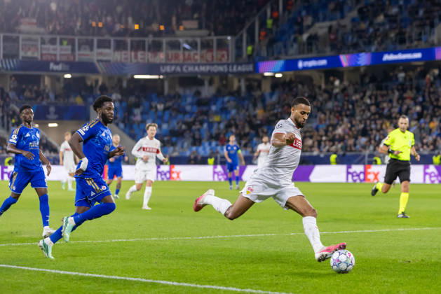 Sandro Cruz of SK Slovan Bratislava and Josha Vagnoman of VfB Stuttgart seen during UEFA Champions league League phase game between teams of SK Slovan Bratislava and VfB Stuttgart (Dominika Kortvelyesiova Ball Raw Images) Bratislava Tehelne Pole stadium Slovakia Copyright: xDominikaxKortvelyesiovax DKOR6729