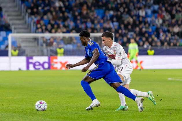 Suleiman Camara of SK Slovan Bratislava and Bilal El Khannouss of VfB Stuttgart seen during UEFA Champions league League phase game between teams of SK Slovan Bratislava and VfB Stuttgart (Dominika Kortvelyesiova Ball Raw Images) Bratislava Tehelne Pole stadium Slovakia Copyright: xDominikaxKortvelyesiovax DKOR6736