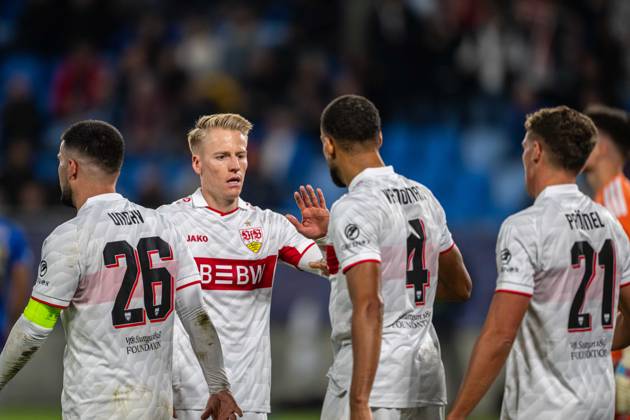 VFB STUTTGART players a goal celebrates during UEFA Champions league match , SK Slovan Bratislava - VFB Stuttgart , 14. october 2026, Tehelne pole Stadium, Bratislava, Slovakia Copyright: xMICHALxFAJT,ZOSPORTU.SKx MAJ_1434