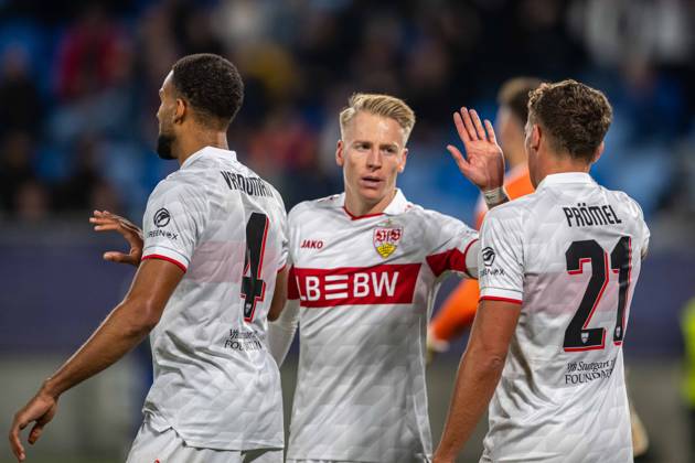 VFB STUTTGART players a goal celebrates during UEFA Champions league match , SK Slovan Bratislava - VFB Stuttgart , 14. october 2026, Tehelne pole Stadium, Bratislava, Slovakia Copyright: xMICHALxFAJT,ZOSPORTU.SKx MAJ_1440
