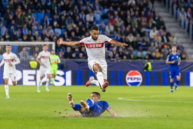 Svetozar Markovic of SK Slovan Bratislava and Josha Vagnoman of VfB Stuttgart seen during UEFA Champions league League phase game between teams of SK Slovan Bratislava and VfB Stuttgart (Dominika Kortvelyesiova Ball Raw Images) Bratislava Tehelne Pole stadium Slovakia Copyright: xDominikaxKortvelyesiovax DKOR6759