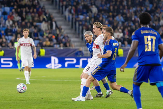 Cristian Martinez of SK Slovan Bratislava, Angelo Stiller of VfB Stuttgart and Peter Pokorny of SK Slovan Bratislava seen during UEFA Champions league League phase game between teams of SK Slovan Bratislava and VfB Stuttgart (Dominika Kortvelyesiova Ball Raw Images) Bratislava Tehelne Pole stadium Slovakia Copyright: xDominikaxKortvelyesiovax DKOR6792