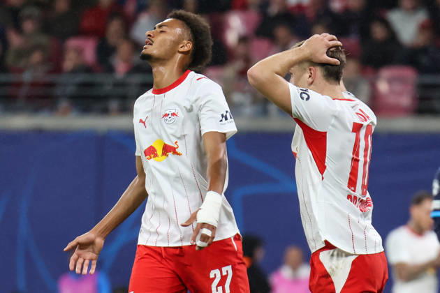 Deutschland: Fußball - UEFA Champions League - Saison 2026 - 2027, 2. Spieltag - RB Leipzig gegen PSV Eindhoven, Red Bull Arena (Leipzig): Tidiam Gomis (RB Leipzig, 27) und Brajan Gruda (RB Leipzig, 10), Frust, Trauer, Enttäuschung Copyright: xLucasxWalterx