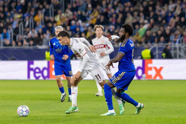 Bilal El Khannouss of VfB Stuttgart and Sandro Cruz of SK Slovan Bratislava seen during UEFA Champions league League phase game between teams of SK Slovan Bratislava and VfB Stuttgart (Dominika Kortvelyesiova Ball Raw Images) Bratislava Tehelne Pole stadium Slovakia Copyright: xDominikaxKortvelyesiovax DKOR6802