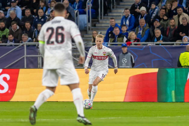 Chris Fuhrich of VfB Stuttgart seen during UEFA Champions league League phase game between teams of SK Slovan Bratislava and VfB Stuttgart (Dominika Kortvelyesiova Ball Raw Images) Bratislava Tehelne Pole stadium Slovakia Copyright: xDominikaxKortvelyesiovax DKR_0992