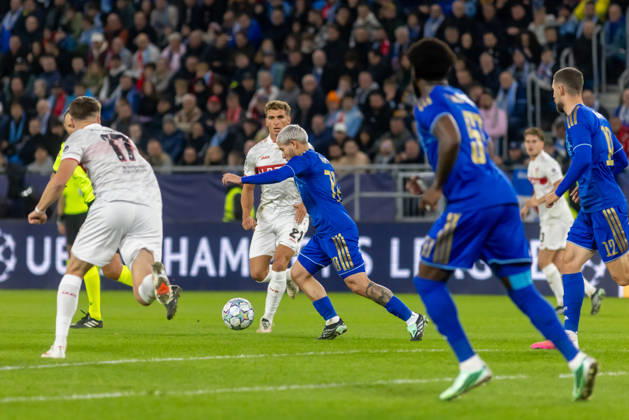 Grischa Promel of VfB Stuttgart and Cristian Martinez of SK Slovan Bratislava seen during UEFA Champions league League phase game between teams of SK Slovan Bratislava and VfB Stuttgart (Dominika Kortvelyesiova Ball Raw Images) Bratislava Tehelne Pole stadium Slovakia Copyright: xDominikaxKortvelyesiovax DKR_0996