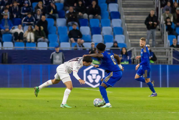 Bilal El Khannouss of VfB Stuttgart and Sandro Cruz of SK Slovan Bratislava seen during UEFA Champions league League phase game between teams of SK Slovan Bratislava and VfB Stuttgart (Dominika Kortvelyesiova Ball Raw Images) Bratislava Tehelne Pole stadium Slovakia Copyright: xDominikaxKortvelyesiovax DKR_1014