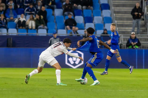 Bilal El Khannouss of VfB Stuttgart and Sandro Cruz of SK Slovan Bratislava seen during UEFA Champions league League phase game between teams of SK Slovan Bratislava and VfB Stuttgart (Dominika Kortvelyesiova Ball Raw Images) Bratislava Tehelne Pole stadium Slovakia Copyright: xDominikaxKortvelyesiovax DKR_1015