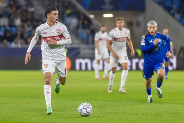 DÅ¾enan PejÄinovic of VfB Stuttgart and yy seen during UEFA Champions league League phase game between teams of SK Slovan Bratislava and VfB Stuttgart (Dominika Kortvelyesiova Ball Raw Images) Bratislava Tehelne Pole stadium Slovakia Copyright: xDominikaxKortvelyesiovax DKR_1057