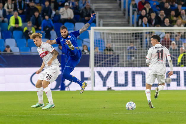 Finn Jeltsch of VfB Stuttgart, Bilal El Khannouss of VfB Stuttgart and Tigran Barseghyan of SK Slovan Bratislava seen during UEFA Champions league League phase game between teams of SK Slovan Bratislava and VfB Stuttgart (Dominika Kortvelyesiova Ball Raw Images) Bratislava Tehelne Pole stadium Slovakia Copyright: xDominikaxKortvelyesiovax DKR_1072