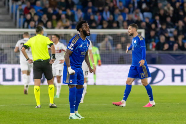 Sandro Cruz of SK Slovan Bratislava seen during UEFA Champions league League phase game between teams of SK Slovan Bratislava and VfB Stuttgart (Dominika Kortvelyesiova Ball Raw Images) Bratislava Tehelne Pole stadium Slovakia Copyright: xDominikaxKortvelyesiovax DKR_1088