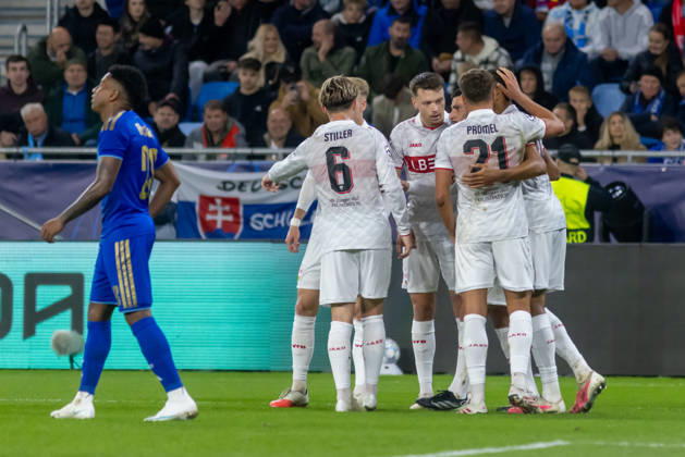 Team VfB Stuttgart seen celebrating a goal during UEFA Champions league League phase game between teams of SK Slovan Bratislava and VfB Stuttgart (Dominika Kortvelyesiova Ball Raw Images) Bratislava Tehelne Pole stadium Slovakia Copyright: xDominikaxKortvelyesiovax DKR_1105