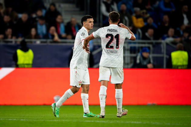 14.10.2026: Champions League, 2. Spieltag, Å K Slovan Bratislava vs. VfB Stuttgart im Å tadion TehelnÃ pole NarodnÃ½ futbalovÃ½ Å¡tadion Tor zum 0:2 hier im Bild Jubel von Grischa Prömel (VfB) und Bilal El Khannouss (VfB) WICHTIGER HINWEIS: Gemäß den Vorgaben des DFB und der DFL ist es untersagt, in dem Stadion und oder vom Spiel angefertigte Fotoaufnahmen in Form von Sequenzbildern und oder videoähnlichen Fotostrecken zu verwerten bzw. verwerten zu lassen. Copyright: xJordyxFourgonx