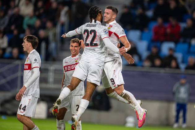 VFB Stuttgart players a goal celebrates during UEFA Champions league match , SK Slovan Bratislava - VFB Stuttgart , 14. october 2026, Tehelne pole Stadium, Bratislava, Slovakia Copyright: xMICHALxFAJT,ZOSPORTU.SKx MAJ_1597