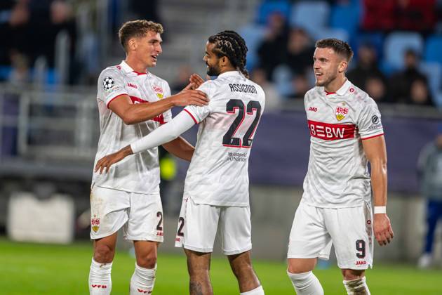 VFB Stuttgart players a goal celebrates during UEFA Champions league match , SK Slovan Bratislava - VFB Stuttgart , 14. october 2026, Tehelne pole Stadium, Bratislava, Slovakia Copyright: xMICHALxFAJT,ZOSPORTU.SKx MAJ_1615