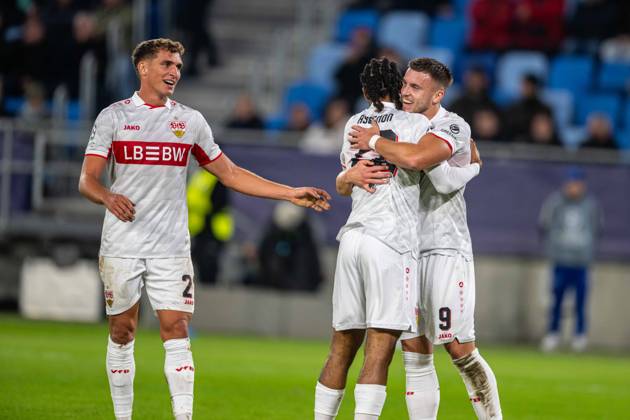 VFB Stuttgart plaers a goal cele brates during UEFA Champions league match , SK Slovan Bratislava - VFB Stuttgart , 14. october 2026, Tehelne pole Stadium, Bratislava, Slovakia Copyright: xMICHALxFAJT,ZOSPORTU.SKx MAJ_1608