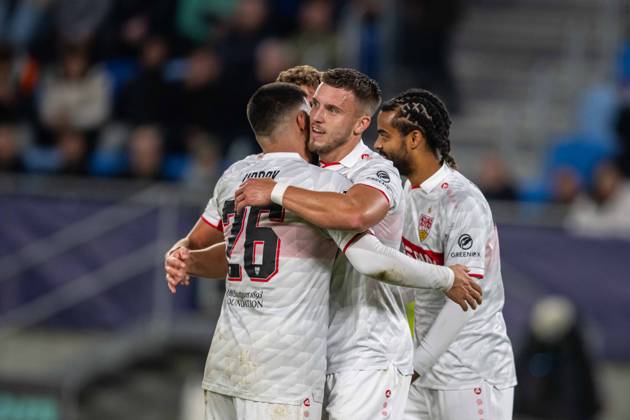 VFB Stuttgart plaers a goal cele brates during UEFA Champions league match , SK Slovan Bratislava - VFB Stuttgart , 14. october 2026, Tehelne pole Stadium, Bratislava, Slovakia Copyright: xMICHALxFAJT,ZOSPORTU.SKx MAJ_1629
