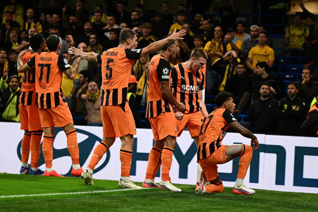 LONDON, ENGLAND - OCTOBER 14: Vinicius Tobias of Shakhtar Donetsk celebrates their second goal with his team mates during the UEFA Champions League 2026 27 League Phase MD2 match between FC Shakhtar Donetsk and AEK Athens at Stamford Bridge on October 14, 2026 in London, England. (Photo by Yaroslav Dunka Sports Press Photo) Copyright: xYaroslavxDunkax xSPPx Sportspressphoto_SPR255978