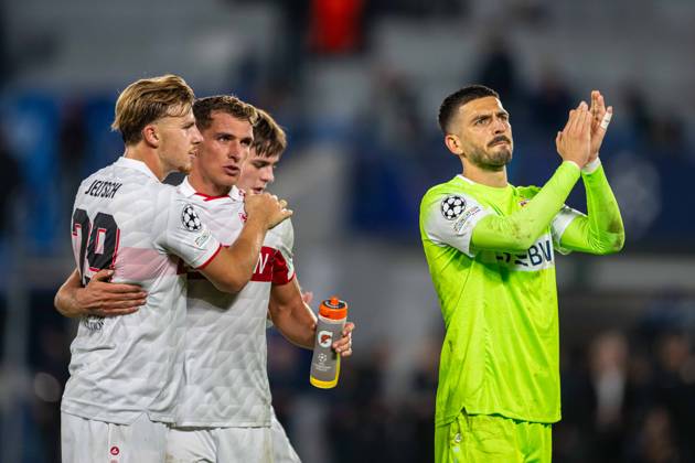 VFB Stuttgart players a win celebrates during UEFA Champions league match , SK Slovan Bratislava - VFB Stuttgart , 14. october 2026, Tehelne pole Stadium, Bratislava, Slovakia Copyright: xMICHALxFAJT,ZOSPORTU.SKx MAJ_1665
