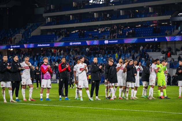 VFB Stuttgart players a win celebrates during UEFA Champions league match , SK Slovan Bratislava - VFB Stuttgart , 14. october 2026, Tehelne pole Stadium, Bratislava, Slovakia Copyright: xMICHALxFAJT,ZOSPORTU.SKx MAR_6892