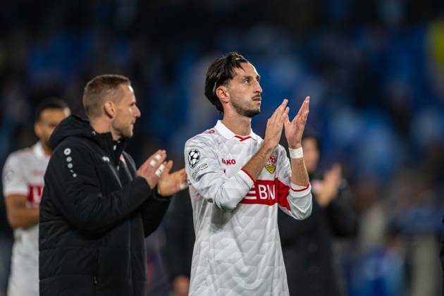 VFB Stuttgart players a win celebrates during UEFA Champions league match , SK Slovan Bratislava - VFB Stuttgart , 14. october 2026, Tehelne pole Stadium, Bratislava, Slovakia Copyright: xMICHALxFAJT,ZOSPORTU.SKx MAJ_1652