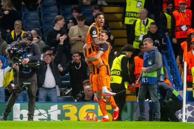 Vinicius Tobias Gleiker Mendoza goal celebration seen during UEFA Champions League 2026 2027 league phase game between teams of FC Shakhtar Donetsk and AEK Athens FC (Jacek Prondzynski Ball Raw Images) London England, United Kingdom, London Great Britain Copyright: xJacekxProndzynskix jacekprondzynski_ShakhtarAEK131026_2627_0015
