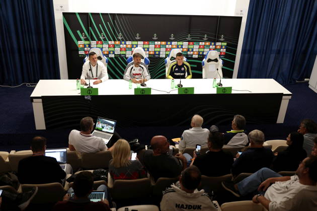 Croatia, Split, 14.10.2026. Poljud Stadium. HNK Hajduk press conference, PK, Pressekonferenz ahead of tomorrow s UEFA Conference League Matchday 1 game against Ajax. In the photo: Coach Gonzalo Garcia, Michele Sego. Photo: Sasa Buric CROPIX Split Copyright: xxSasaxBuricx hajduk_press16-141026