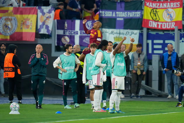 AS Roma v Real Madrid C.F. - UEFA Champions League 2026 27 League Phase MD2 Donyell Malen of AS Roma celebrates after scoring second goal during the AS Roma v Real Madrid C.F. - UEFA Champions League 2026 27 League Phase MD2 at Stadio Olimpico on October 14, 2026 in Rome, Italy Rome Stadio Olimpico Lazio Italy Copyright: xGiuseppexMaffiax 261014_UCL_Roma-RealMadrid_GM_08878