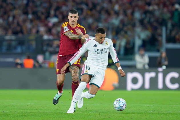 AS Roma v Real Madrid C.F. - UEFA Champions League 2026 27 League Phase MD2 Kylian Mbappe of Real Madrid CF and Gianluca Mancini of AS Roma compete for the ball during the AS Roma v Real Madrid C.F. - UEFA Champions League 2026 27 League Phase MD2 at Stadio Olimpico on October 14, 2026 in Rome, Italy Rome Stadio Olimpico Lazio Italy Copyright: xGiuseppexMaffiax 261014_UCL_Roma-RealMadrid_GM_09712