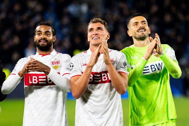 14.10.2026: Champions League, 2. Spieltag, Å K Slovan Bratislava vs. VfB Stuttgart im Å tadion TehelnÃ pole NarodnÃ½ futbalovÃ½ Å¡tadion Fabian Bredlow (VfB) mit Lorenz Assignon (VfB) und Grischa Prömel (VfB) WICHTIGER HINWEIS: Gemäß den Vorgaben des DFB und der DFL ist es untersagt, in dem Stadion und oder vom Spiel angefertigte Fotoaufnahmen in Form von Sequenzbildern und oder videoähnlichen Fotostrecken zu verwerten bzw. verwerten zu lassen. Copyright: xJordyxFourgonx