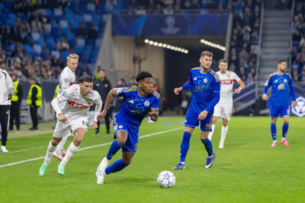 Bilal El Khannouss of VfB Stuttgart and Cesar Blackman of SK Slovan Bratislava seen during UEFA Champions league League phase game between teams of SK Slovan Bratislava and VfB Stuttgart (Dominika Kortvelyesiova Ball Raw Images) Bratislava Tehelne Pole stadium Slovakia Copyright: xDominikaxKortvelyesiovax DKOR6814
