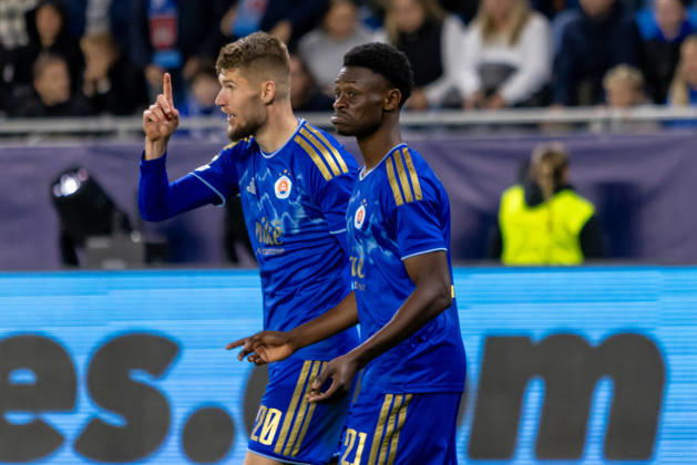 Alen Mustafic of SK Slovan Bratislava and Suleiman Camara of SK Slovan Bratislava seen during UEFA Champions league League phase game between teams of SK Slovan Bratislava and VfB Stuttgart (Dominika Kortvelyesiova Ball Raw Images) Bratislava Tehelne Pole stadium Slovakia Copyright: xDominikaxKortvelyesiovax DKOR6835