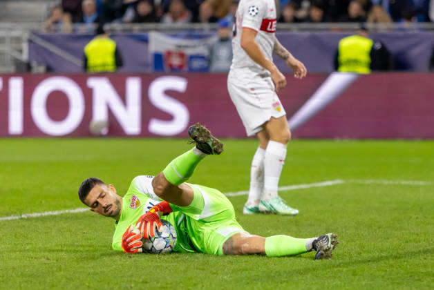 Fabian Bredlow of VfB Stuttgart seen during UEFA Champions league League phase game between teams of SK Slovan Bratislava and VfB Stuttgart (Dominika Kortvelyesiova Ball Raw Images) Bratislava Tehelne Pole stadium Slovakia Copyright: xDominikaxKortvelyesiovax DKOR6934