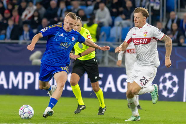 Nino Marcelli of SK Slovan Bratislava and Finn Jeltsch of VfB Stuttgart seen during UEFA Champions league League phase game between teams of SK Slovan Bratislava and VfB Stuttgart (Dominika Kortvelyesiova Ball Raw Images) Bratislava Tehelne Pole stadium Slovakia Copyright: xDominikaxKortvelyesiovax DKR_1200