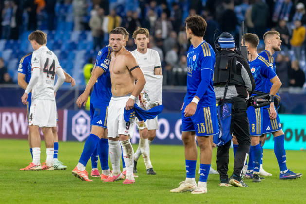Roman Cerepkai of SK Slovan Bratislava and Ermedin Demirovic of VfB Stuttgart seen during UEFA Champions league League phase game between teams of SK Slovan Bratislava and VfB Stuttgart (Dominika Kortvelyesiova Ball Raw Images) Bratislava Tehelne Pole stadium Slovakia Copyright: xDominikaxKortvelyesiovax DKR_1214