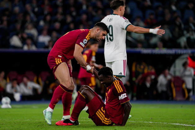SOCCER - UEFA Champions League - AS Roma vs. Real Madrid Photo by IPA ABACAPRESS.COM89697104 - Konstantinos Koulierakis of AS Roma and Evan Ndicka of AS Roma during the AS Roma vs. Real Madrid UEFA Champions League soccer match in Rome, Italy, on October 14, 2026 Rome Italy  Copyright: xIPAxSport ABACAx