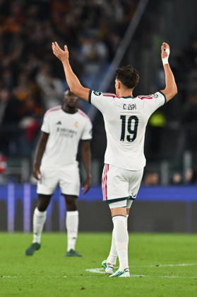 SOCCER - UEFA Champions League - AS Roma vs. Real Madrid Photo by IPA ABACAPRESS.COM89697128 - Carlos Espi of Real Madrid C.F. celebrates after scoring the goal that made the score 3-2 during the UEFA Champions League Matchday 2 soccer match between A.S. Roma and Real Madrid C.F. at the Olympic Stadium on October 14, 2026, in Rome, Italy. Rome Italy  Copyright: xIPAxSport ABACAx