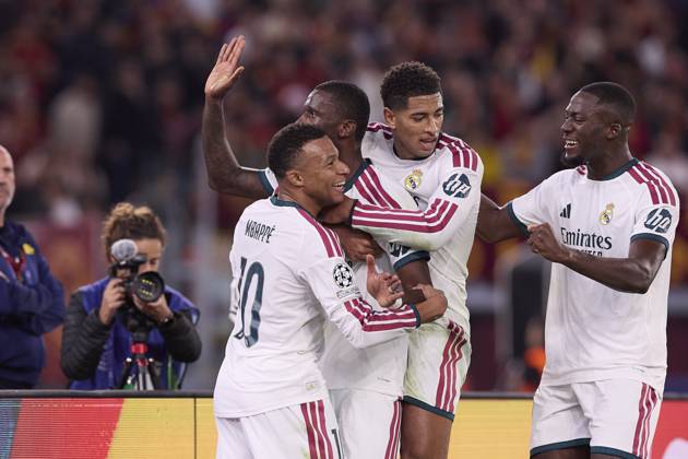UEFA Champions League 2026 2027 - AS Roma vs Real Madrid CF in Rome, Italy - 14 Oct 2026 (From L to R) Kylian Mbappe, Antonio Rudiger, Jude Bellingham and Ibrahima Konate (Real Madrid CF) celebrate a goal during the UEFA Champions League 2026 2027 match between AS Roma and Real Madrid CF. Final score: AS Roma 3-4 Real Madrid CF. Rome Italy Copyright: xFedericoxTitonex xSOPAxImagesx Federico-Titone-1458832